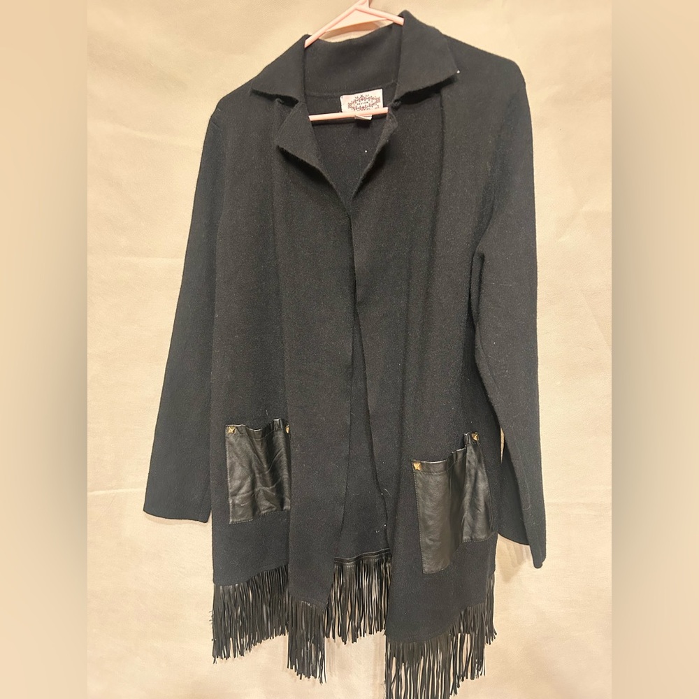 Olivers Black Knit Cardigan with faux leather pockets studs and fringe large